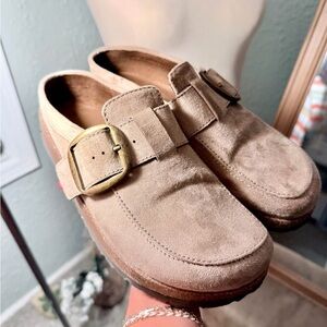 Women's Tan Suede Loafers with Gold Buckle